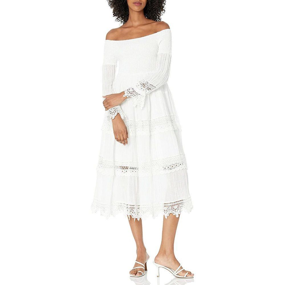 GUESS Women's Amberlee 3 Quarter Sleeve Lace-Trim Midi Dress Pure White M